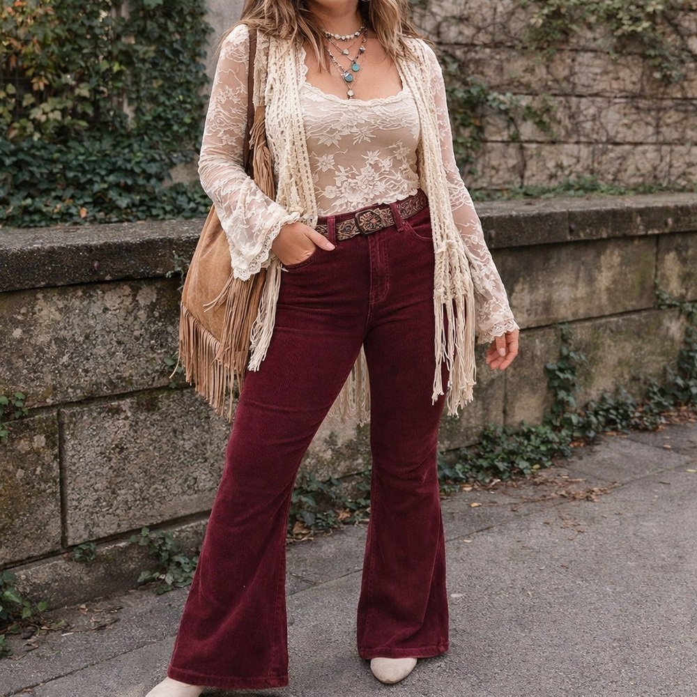 Hippie Vintage Burgundy Corduroy Flare Pants | Made USA | 70s Retro Bell Bottoms - Picture 8 of 8